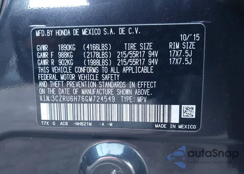 2016 Honda Hr-V Ex-L из США, поврежденный, VIN 3CZRU6H76GM724549